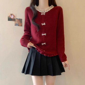 Top de bază tricotat, stil franțuzesc cu volane, primăvara 2025, Tr fabric, PVC până la 30%, stil literar retro