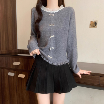 Top de bază tricotat, stil franțuzesc cu volane, primăvara 2025, Tr fabric, PVC până la 30%, stil literar retro