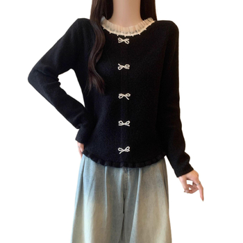 Top de bază tricotat, stil franțuzesc cu volane, primăvara 2025, Tr fabric, PVC până la 30%, stil literar retro