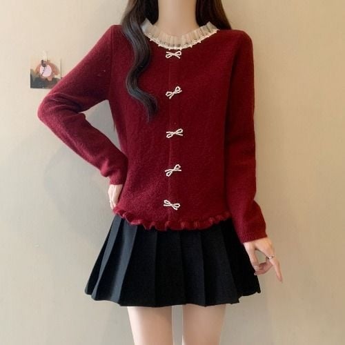 Top de bază tricotat, stil franțuzesc cu volane, primăvara 2025, Tr fabric, PVC până la 30%, stil literar retro