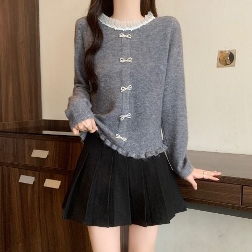 Top de bază tricotat, stil franțuzesc cu volane, primăvara 2025, Tr fabric, PVC până la 30%, stil literar retro