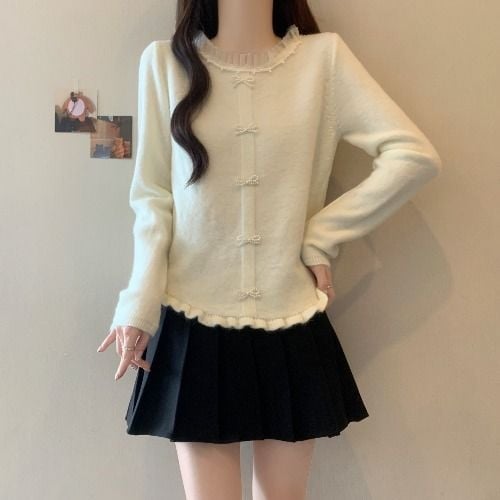 Top de bază tricotat, stil franțuzesc cu volane, primăvara 2025, Tr fabric, PVC până la 30%, stil literar retro