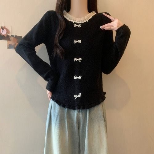 Top de bază tricotat, stil franțuzesc cu volane, primăvara 2025, Tr fabric, PVC până la 30%, stil literar retro