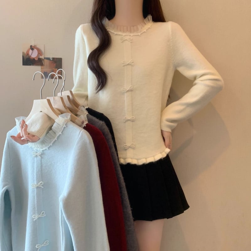 Top de bază tricotat, stil franțuzesc cu volane, primăvara 2025, Tr fabric, PVC până la 30%, stil literar retro