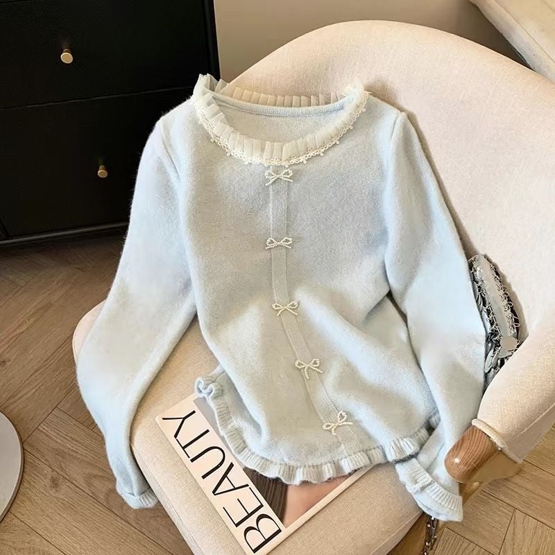 Top de bază tricotat, stil franțuzesc cu volane, primăvara 2025, Tr fabric, PVC până la 30%, stil literar retro