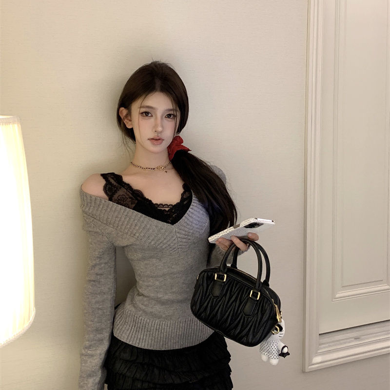 Pleteni džemper od poliestera, V-izrez, slim fit, dugi rukavi, tanak pleteni materijal