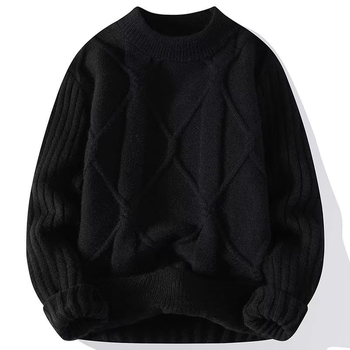 Férfi twistelt fonott pulóver, kerek nyak, laza szabás, hosszú ujjú — pamut-poliészter keverék