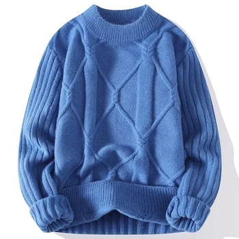 Férfi twistelt fonott pulóver, kerek nyak, laza szabás, hosszú ujjú — pamut-poliészter keverék