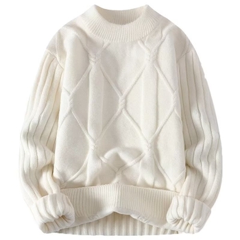 Férfi twistelt fonott pulóver, kerek nyak, laza szabás, hosszú ujjú — pamut-poliészter keverék