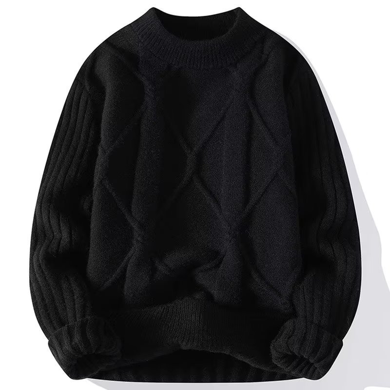 Férfi twistelt fonott pulóver, kerek nyak, laza szabás, hosszú ujjú — pamut-poliészter keverék