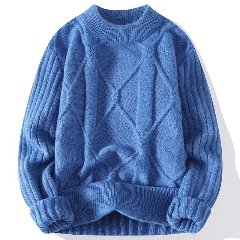 Férfi twistelt fonott pulóver, kerek nyak, laza szabás, hosszú ujjú — pamut-poliészter keverék