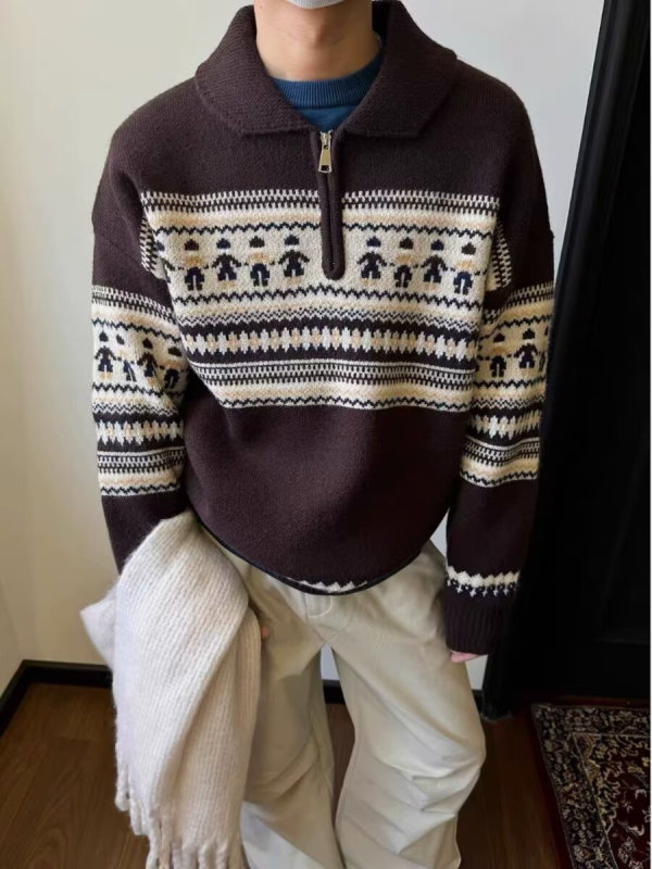 Džemper jacquard s poluzipom, polo ovratnik, smjesa poliestera