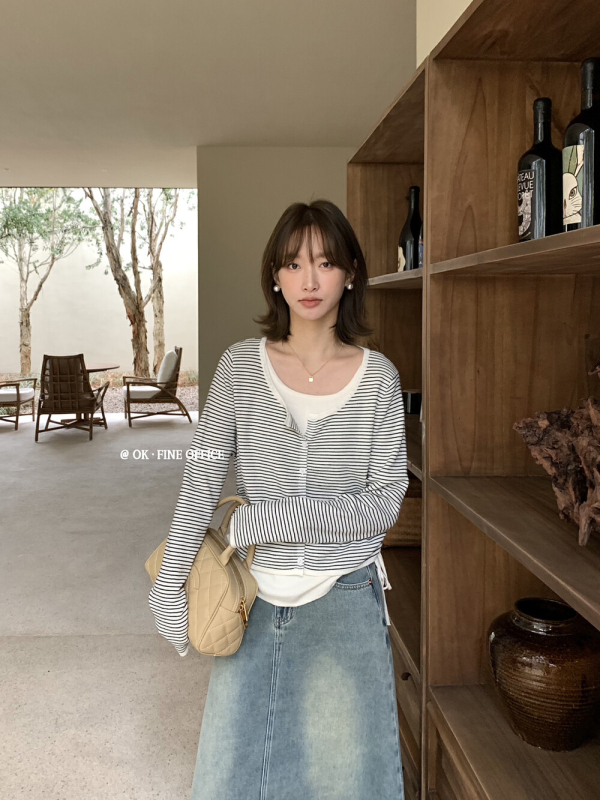 Pulover tricot cu aspect de două piese, stil coreean, blocare pe culoare, guler rotund, mâneci lungi, tricot din viscoză și poliester