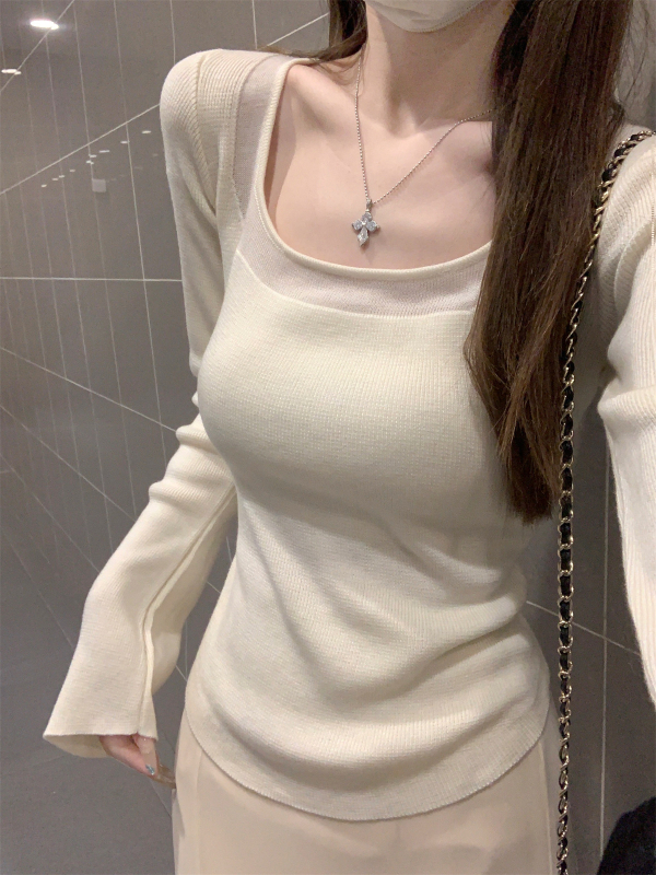 Slim-fit pleteni top s okruglim izrezom i dugim rukavima, pulover stil, Core-Spun vlakno na bazi viskoze