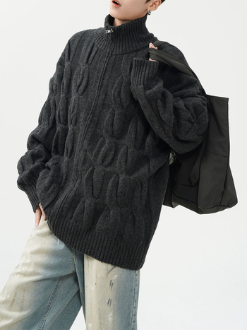 Kötött kardigán fél magas gallérral, csavart virág mintával, cipzárral, laza szabású