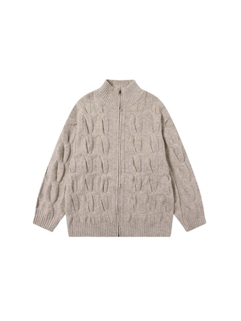 Kötött kardigán fél magas gallérral, csavart virág mintával, cipzárral, laza szabású