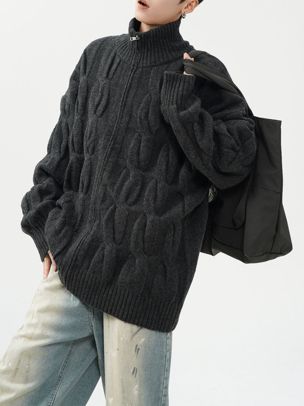 Kötött kardigán fél magas gallérral, csavart virág mintával, cipzárral, laza szabású