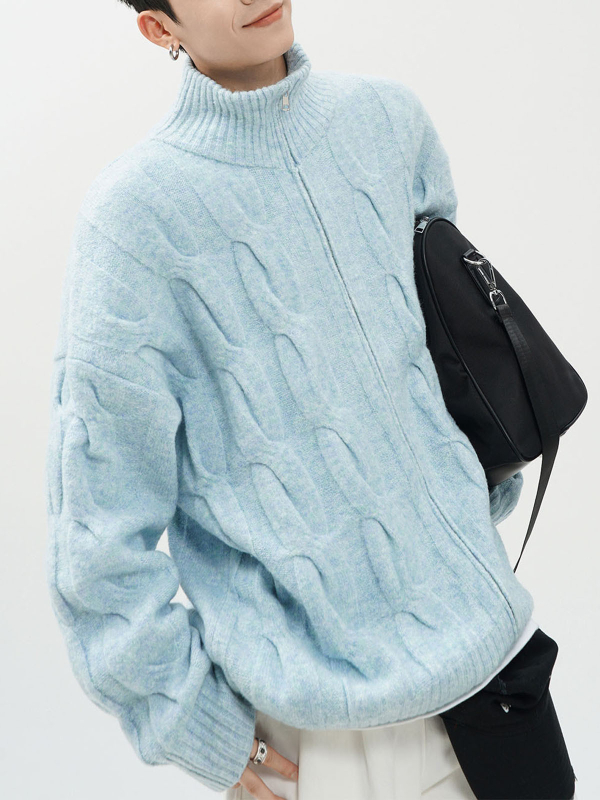 Kötött kardigán fél magas gallérral, csavart virág mintával, cipzárral, laza szabású