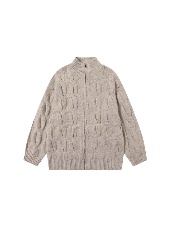 Kötött kardigán fél magas gallérral, csavart virág mintával, cipzárral, laza szabású