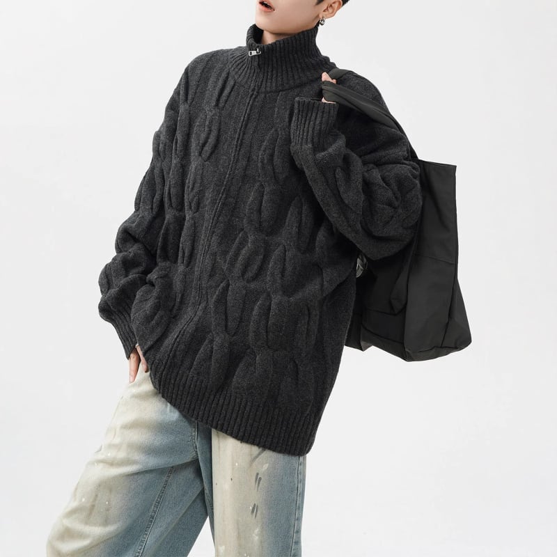 Kötött kardigán fél magas gallérral, csavart virág mintával, cipzárral, laza szabású