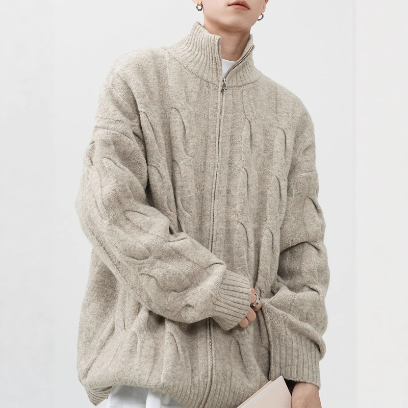 Kötött kardigán fél magas gallérral, csavart virág mintával, cipzárral, laza szabású