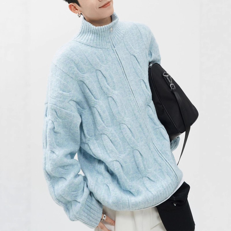 Kötött kardigán fél magas gallérral, csavart virág mintával, cipzárral, laza szabású