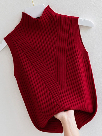 Безръкав плетен топ с полувисока яка, еднотонен дизайн, полиестер-вискоза смес, тесен крой