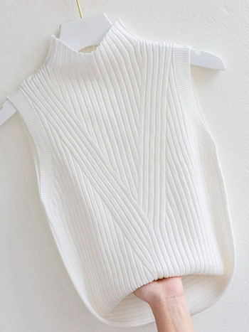 Безръкав плетен топ с полувисока яка, еднотонен дизайн, полиестер-вискоза смес, тесен крой