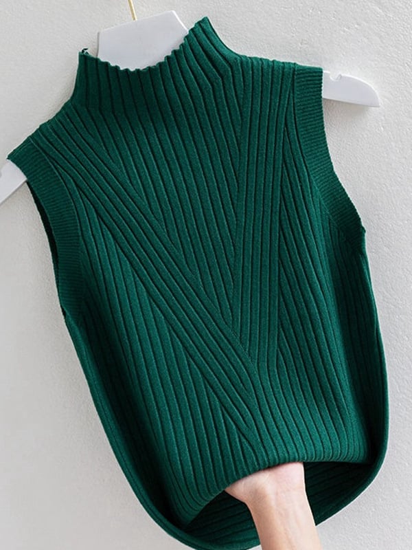 Безръкав плетен топ с полувисока яка, еднотонен дизайн, полиестер-вискоза смес, тесен крой