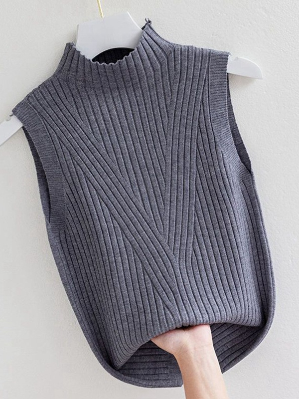 Безръкав плетен топ с полувисока яка, еднотонен дизайн, полиестер-вискоза смес, тесен крой