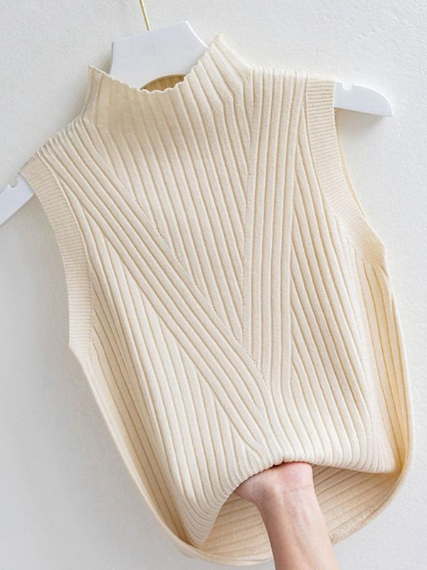 Безръкав плетен топ с полувисока яка, еднотонен дизайн, полиестер-вискоза смес, тесен крой