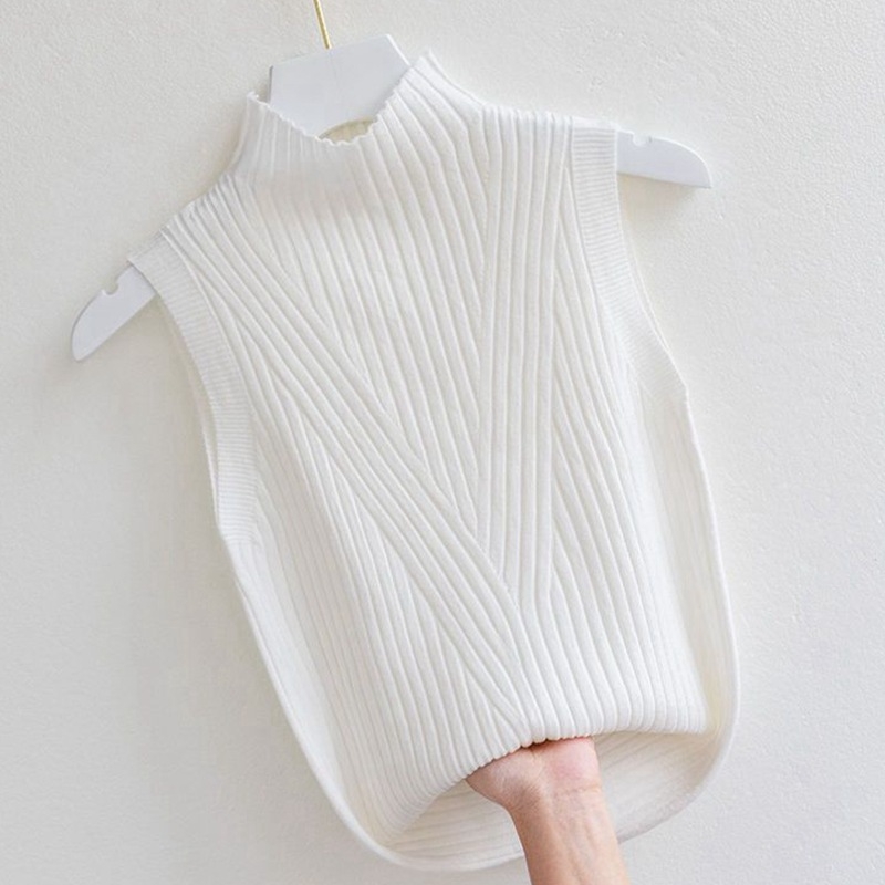 Безръкав плетен топ с полувисока яка, еднотонен дизайн, полиестер-вискоза смес, тесен крой