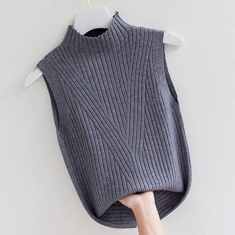 Безръкав плетен топ с полувисока яка, еднотонен дизайн, полиестер-вискоза смес, тесен крой