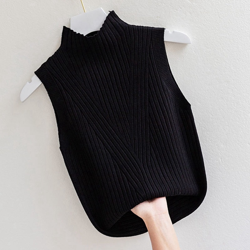 Безръкав плетен топ с полувисока яка, еднотонен дизайн, полиестер-вискоза смес, тесен крой