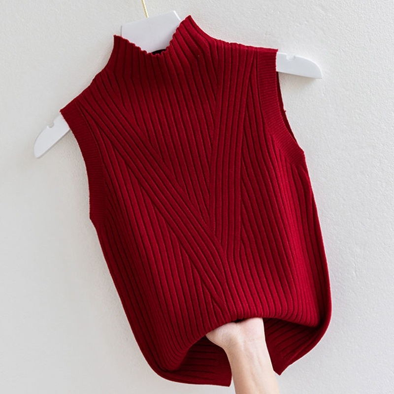 Безръкав плетен топ с полувисока яка, еднотонен дизайн, полиестер-вискоза смес, тесен крой