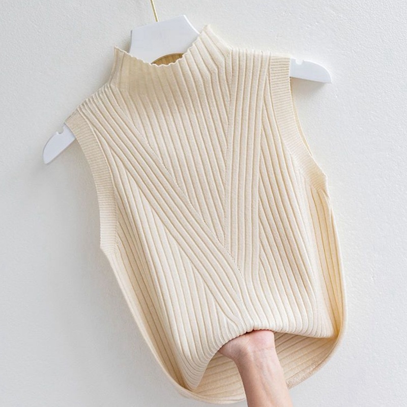 Безръкав плетен топ с полувисока яка, еднотонен дизайн, полиестер-вискоза смес, тесен крой