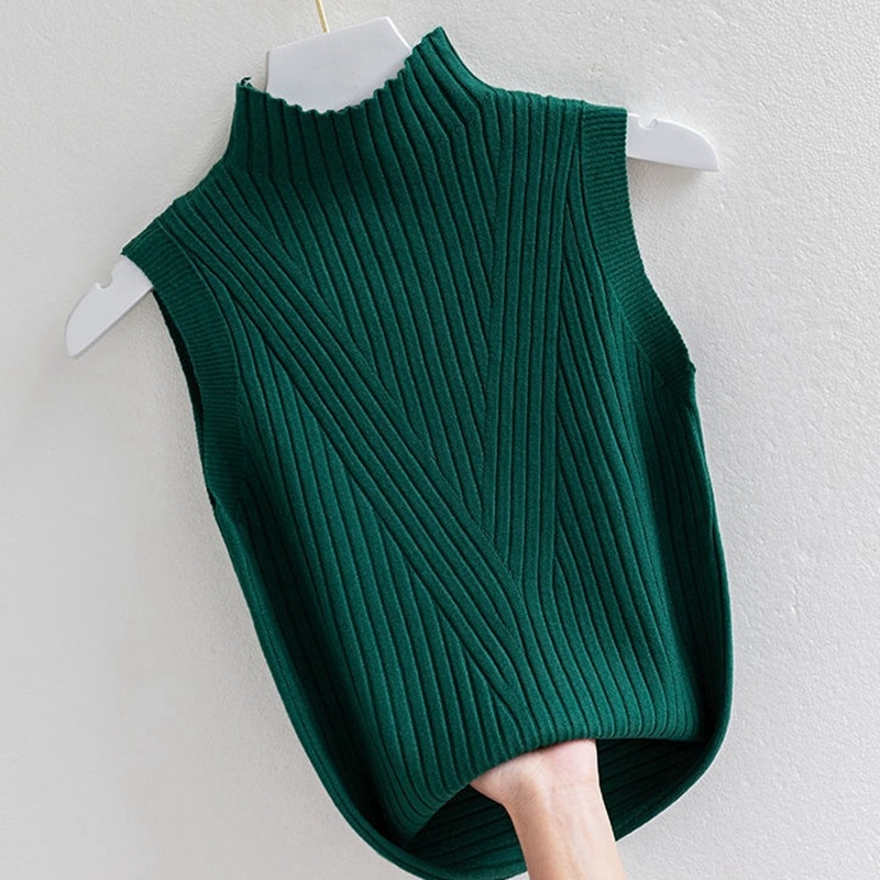 Безръкав плетен топ с полувисока яка, еднотонен дизайн, полиестер-вискоза смес, тесен крой