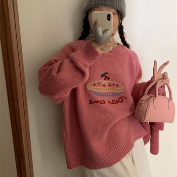 Kötött pulóver kerek nyakkal, hímzett karikatúra mintával, laza szabás, hosszú ujjú, akril anyag 30–50% spandex-szel, japán-koreai lazító stílus, őszi 2023