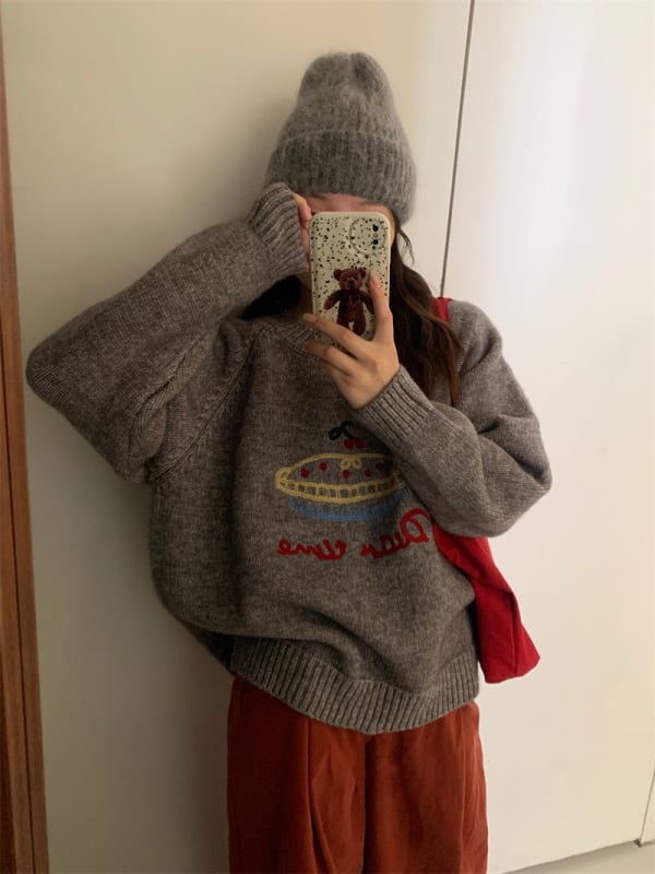 Kötött pulóver kerek nyakkal, hímzett karikatúra mintával, laza szabás, hosszú ujjú, akril anyag 30–50% spandex-szel, japán-koreai lazító stílus, őszi 2023