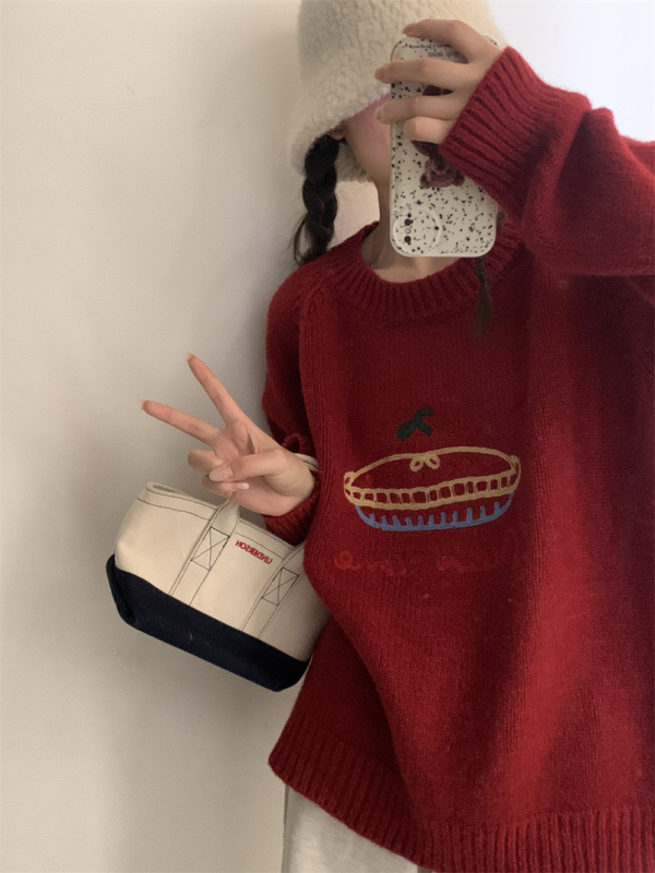 Kötött pulóver kerek nyakkal, hímzett karikatúra mintával, laza szabás, hosszú ujjú, akril anyag 30–50% spandex-szel, japán-koreai lazító stílus, őszi 2023