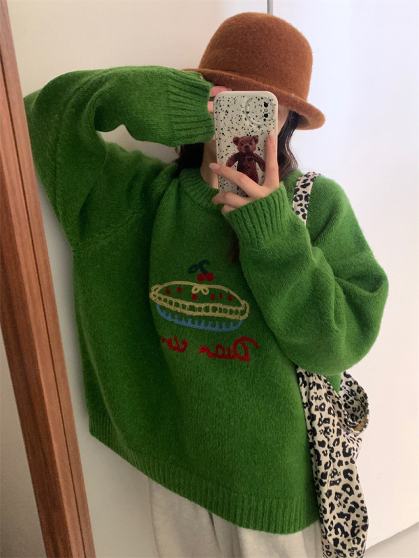 Kötött pulóver kerek nyakkal, hímzett karikatúra mintával, laza szabás, hosszú ujjú, akril anyag 30–50% spandex-szel, japán-koreai lazító stílus, őszi 2023