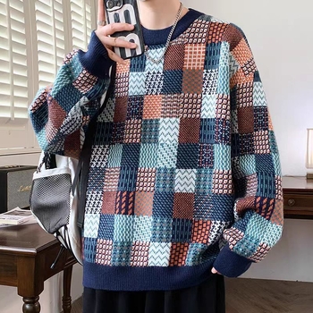 Pulover tricotat pentru bărbați, guler rotund, mâneci lungi, imprimeu carouri, fibră acrilică