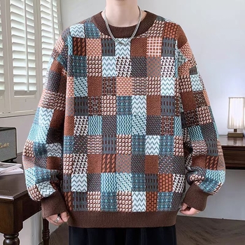 Pulover tricotat pentru bărbați, guler rotund, mâneci lungi, imprimeu carouri, fibră acrilică