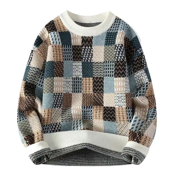 Pulover tricotat pentru bărbați, guler rotund, mâneci lungi, imprimeu carouri, fibră acrilică