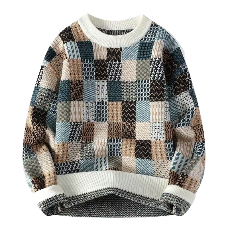 Pulover tricotat pentru bărbați, guler rotund, mâneci lungi, imprimeu carouri, fibră acrilică