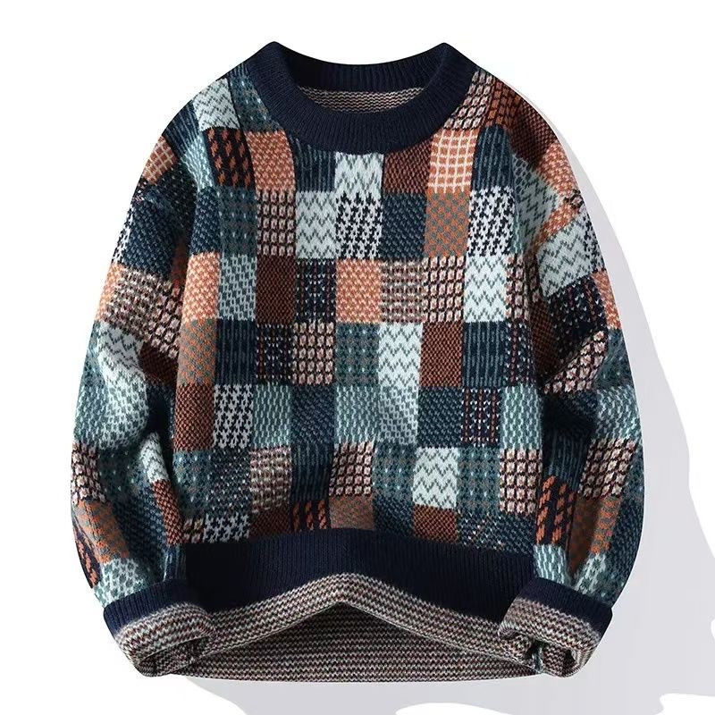 Pulover tricotat pentru bărbați, guler rotund, mâneci lungi, imprimeu carouri, fibră acrilică