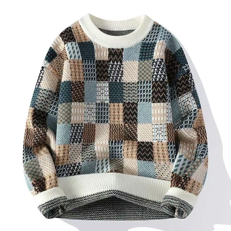 Pulover tricotat pentru bărbați, guler rotund, mâneci lungi, imprimeu carouri, fibră acrilică