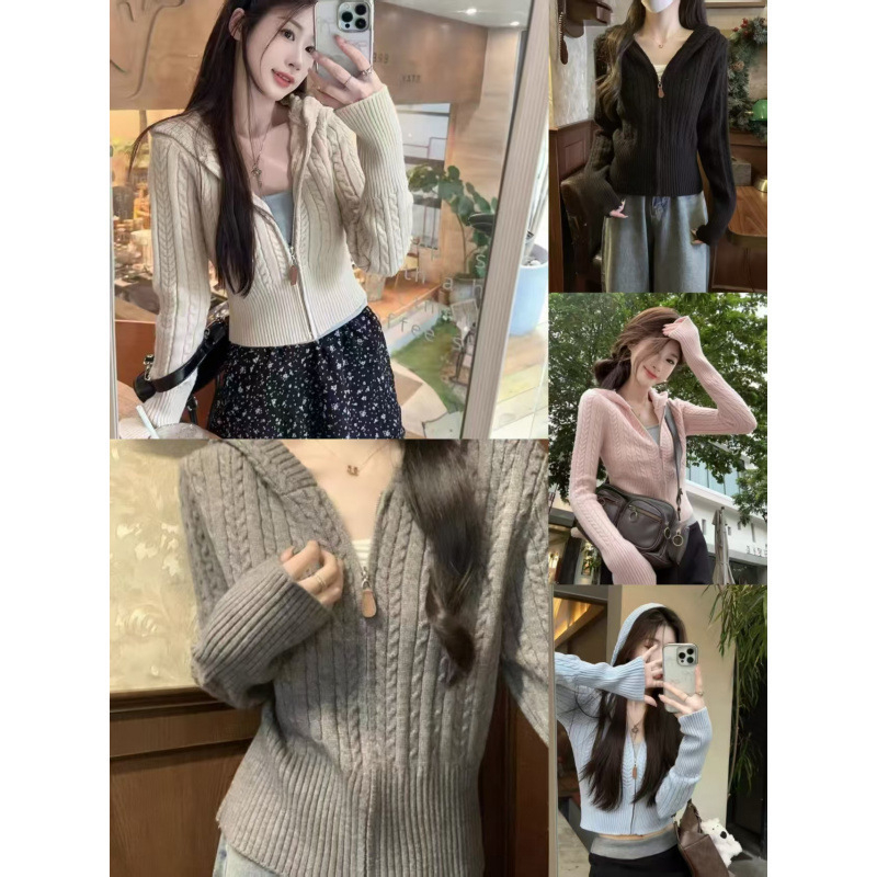 Ženski pleteni kardigan s kapuljom, kabelska pletenina, korejski stil, elegantan dojam old-money, debeli Arctic Velvet materijal