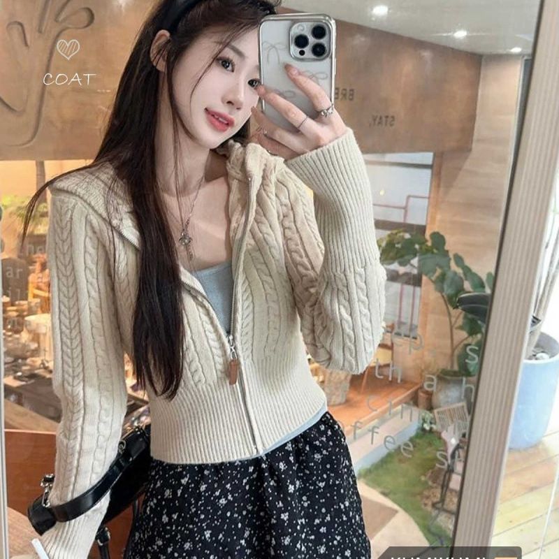 Ženski pleteni kardigan s kapuljom, kabelska pletenina, korejski stil, elegantan dojam old-money, debeli Arctic Velvet materijal