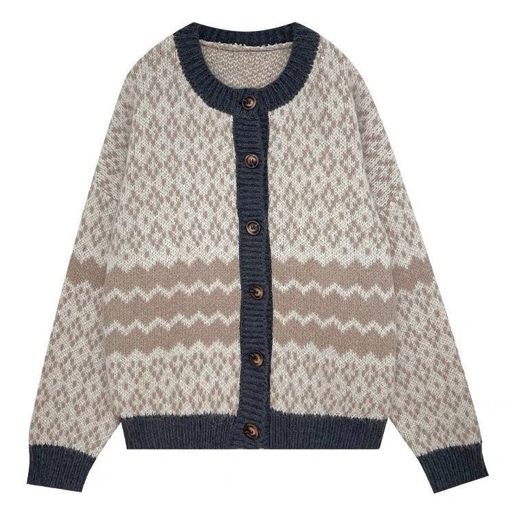 Ženski kardigan s rombi uzorkom, vintage stil, debeli pleteni materijal, za jesen i zimu